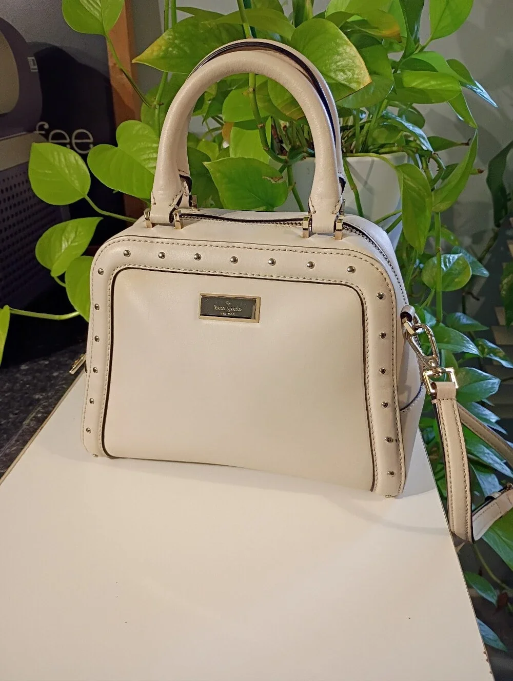 kate spade Cream Studded Satchel with Gold Hardware